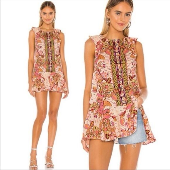 NWT Free People Linen Blend Summer Top in Tulum pink combo Sz XS - Picture 1 of 5